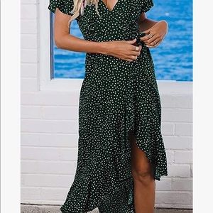 ZESICA Women's BohemianDark Green and White Wrap V Neck Flowy Ruffle Midi Dress